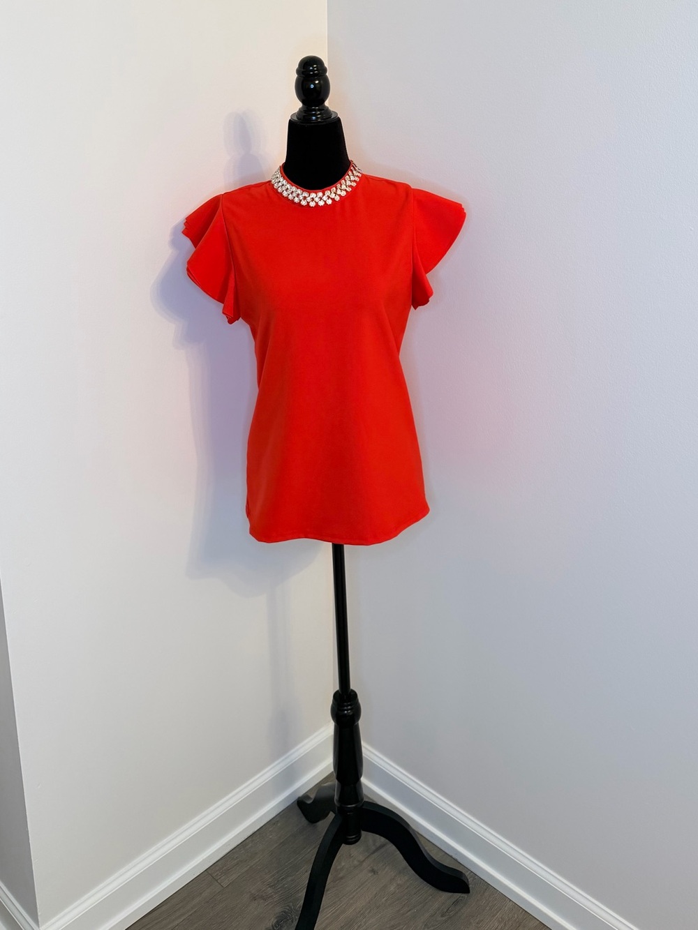 Red Flutter Sleeve Top with Pearl Collar